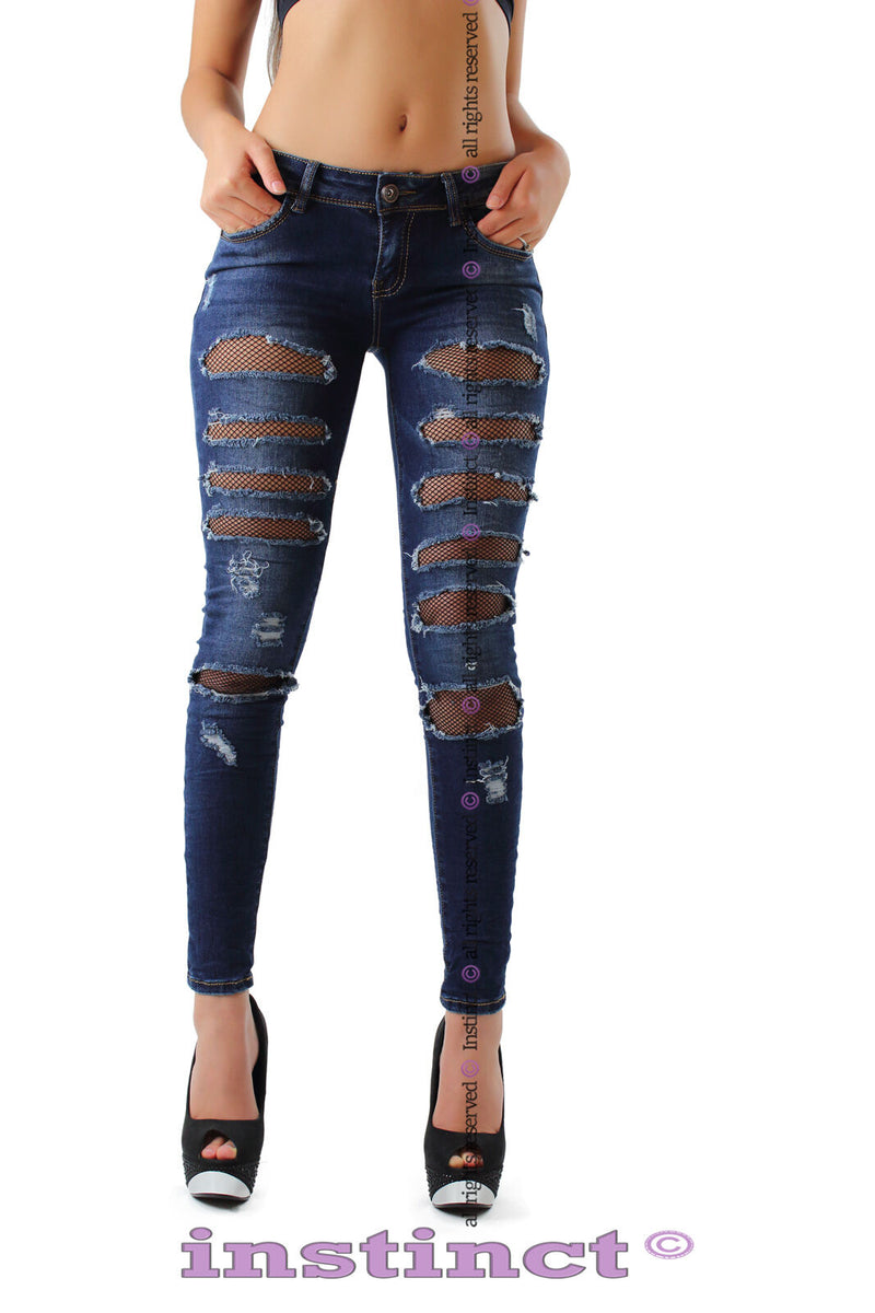 Jeans Donna Mozzaar Skinny Vita Alta Con Strappi, Stretch Blu, Taglie Dalla S Alla 2XL