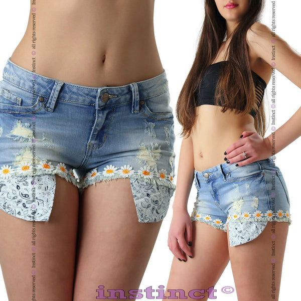 Pantaloncini jeans donna shorts strappi mini shorts hot pant sexy fiori 5067