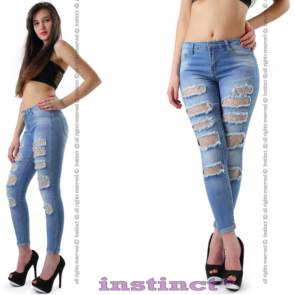Jeans donna strappati strappi pizzo skinny elastici slim aderenti sexy IS5051