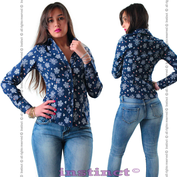 Camicia donna camicetta manica lunga classica ufficio floreale nuova sexy IS5052