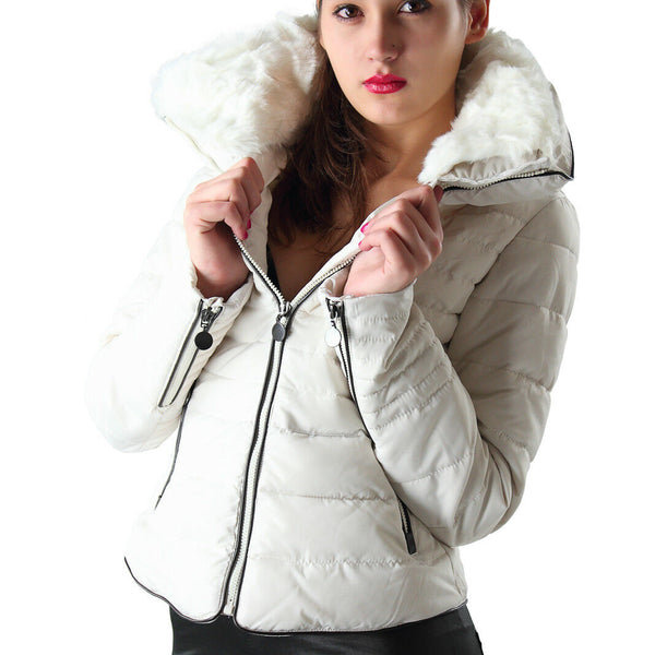 Giubbotto donna giubbino imbottito bianco corto zip collo pelliccia invernale